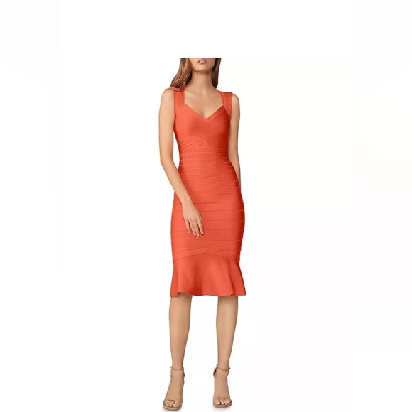 HERVE LEGER Sweetheart Flare Hem Bandage Dress Deep Sea Coral size Small $850.00 - Picture 2 of 4